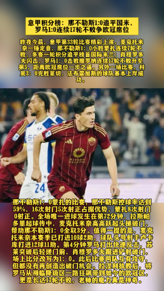 开云体育平台-罗马客场大胜那不勒斯，提升排名